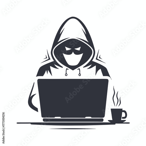 Anonymous hacker in a hoodie uses a laptop while drinking coffee in silhouette