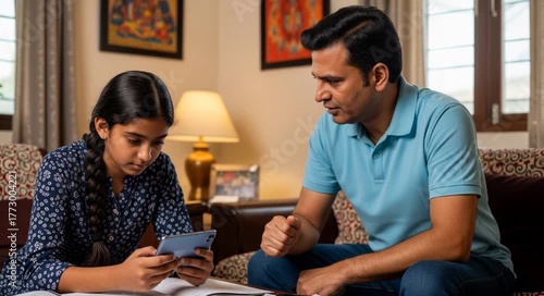 Indian Father Explaining Concept to Daughter as She Learns Through Mobile generative ai