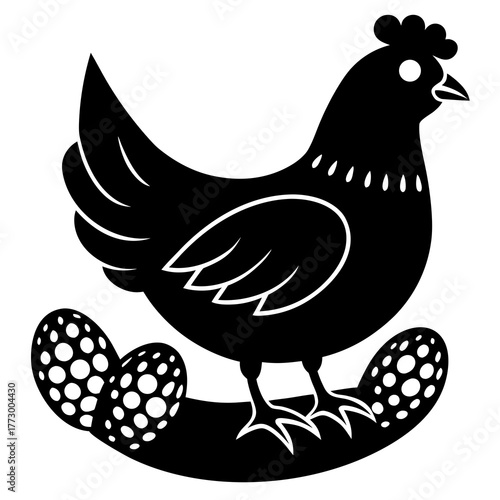 Stylized black hen with patterned eggs silhouette isolated on white background