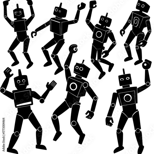Collection of dancing robot silhouettes isolated on white background