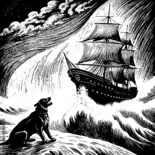 Dog watches a sailing ship navigate a stormy sea silhouette isolated on white background
