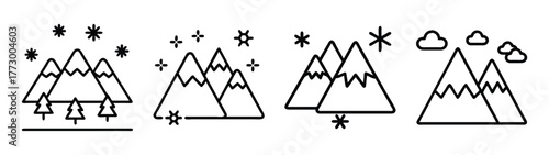 Mountain landscape scenery drawing vector illustration with snow clouds and trees design art, line