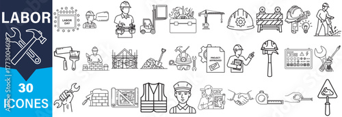 A collection of hand-drawn icons representing various labor and construction themes in a distinctive silhouette style.