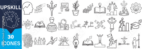 A grid of 30 hand-drawn icons in a simple, minimalist silhouette style, representing concepts related to upskilling and professional development.