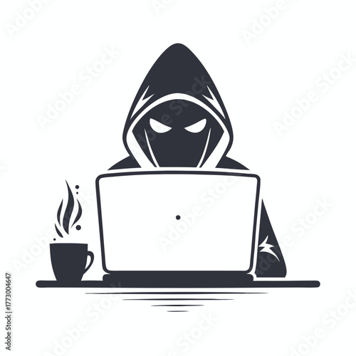 Anonymous hooded hacker uses laptop with steam mug, symbolizing digital security threat