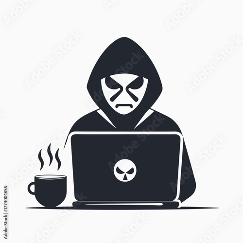 Anonymous silhouette in hoodie works on laptop with coffee displaying skull emblem