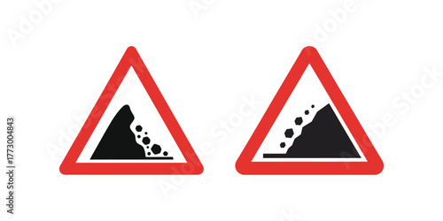 Two red triangular warning signs indicating falling rocks and landslide danger on a white background