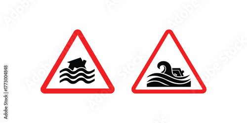 Two triangular warning signs indicating flood risk and potential drowning danger with water and submerged objects