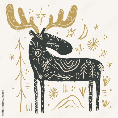 Boho tribal celestial ornate moose character vector hand drawn illustration. Modern folk patterned Norwegian woodland fauna with horns north animal in Scandinavian style. Floral Slovak ornamental