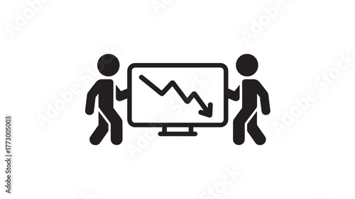 Two people holding a monitor with a downward trending graph simple flat vector icon for business and finance isolated on white background