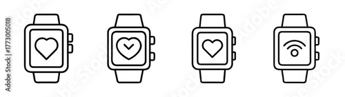 Fitness tracker smartwatch vector illustration set with heart rate and wifi symbols for health