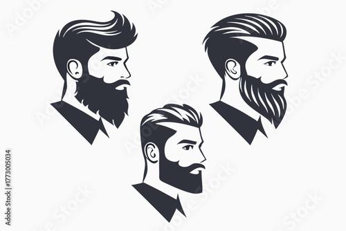 Bearded man head profiles show diverse hairstyle and beard styles in dark monochrome tones