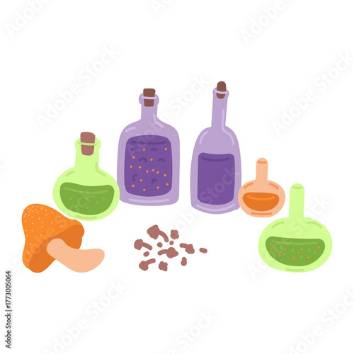 Halloween magic bottles with potions in flat cartoon design. Alchemy elixir in glass containers, witch liquid poison mixtures and mushroom. Autumn holiday decoration. Vector illustration isolated.