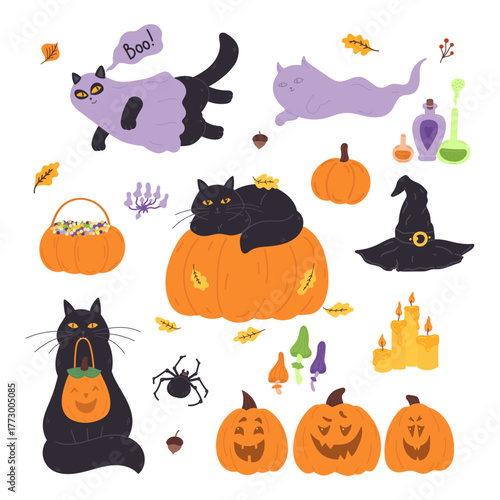 Halloween holiday set in flat cartoon design. Bundle of cute black cats with pumpkin, holiday costume with ghost, potions, candles, mushrooms, carving lanterns, more. Vector illustration isolated.