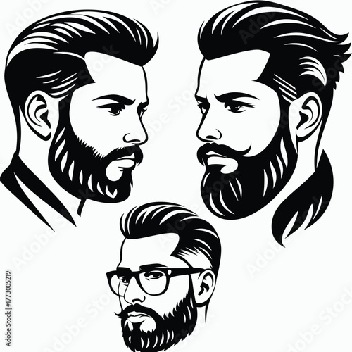 Bearded men display different stylish haircuts with one wearing glasses in a detailed silhouette