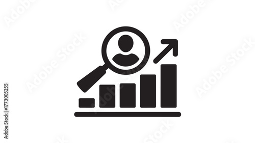 Human resources analytics icon showing a magnifying glass over a person and a rising graph vector glyph for business and HR presentations