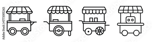 Street food cart vendor stand mobile shop kiosk market stall vector illustration outline drawing