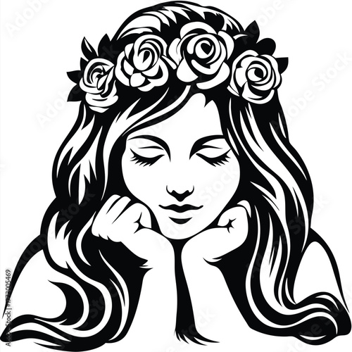 Beautiful girl with rose crown resting hands under chin in monochrome art