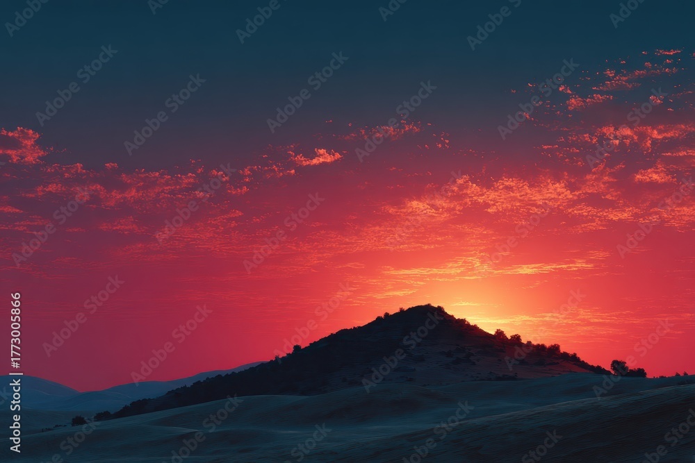 Obraz premium Scenic sunset over rolling hills casts vibrant red and orange hues across the sky near a distant mountain range landscape