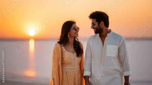 Romantic Cinematic Scene of an Indian Couple Walking During Golden Hour generative ai