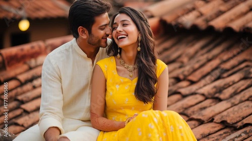 Happy Young Indian Couple Relaxing on a Rooftop Terrace in Daylight generative ai