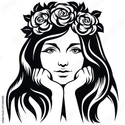 Beautiful woman with long hair and rose crown rests her face thoughtfully