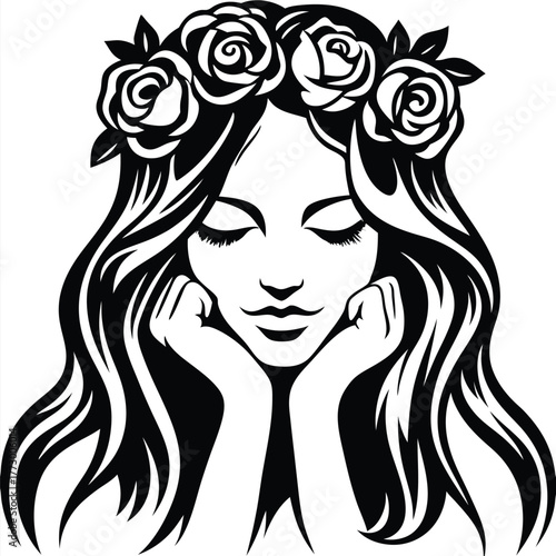Black and white art of a woman resting chin on hands with flower crown
