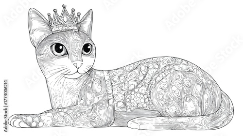 Adorable Princess Cat Coloring Page Vector Illustration