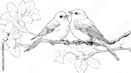 Enchanting Coloring Page Featuring a Pair of Birds on Tree Branch