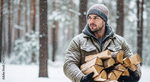 Man carrying firewood in snowy forest during winter 