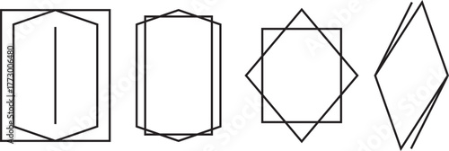 golden geometric frames. Set of golden thin frames. Metal thin photo or picture frames isolated on transparent background. Rectangular line art borders with various geometric corner details
