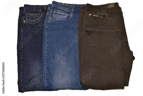 Men's jeans in three shades on a PNG background.