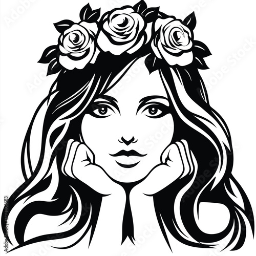 Black and white line art shows pensive woman with rose crown resting