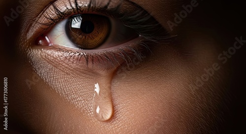 Extreme closeup of a womans eye with a single tear rolling down her cheek