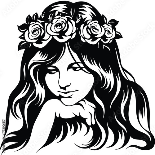 Black and white of a woman with long hair wearing a rose crown