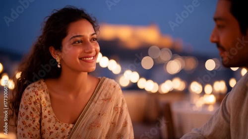 Romantic Night Rooftop Dinner Scene of a Young Indian Couple generative ai