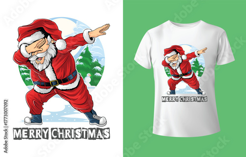 Funny santa claus doing the dab dance pose with merry christmas text on a white t shirt mockup