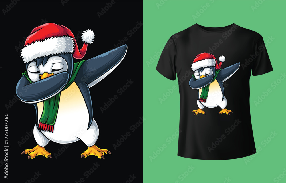 Obraz premium Cute cartoon penguin wearing a santa hat and scarf doing the dab dance pose on a black background next to a t shirt mockup
