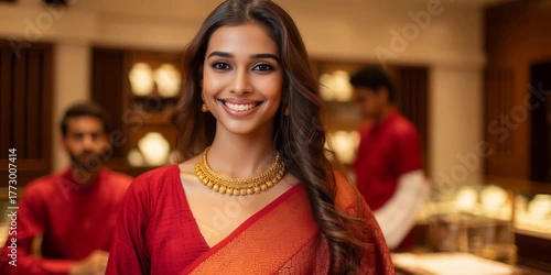 Elegant Indian Woman in Red Saree Shopping for Gold Jewelry in Showroom generative ai