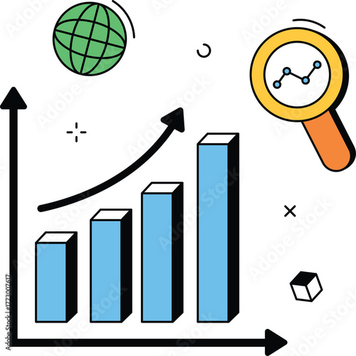 Analyzing business growth market global trends chart isometric flat vector illustration
