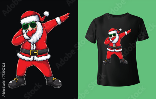 Cool santa claus doing the dab dance move wearing sunglasses shown next to a black t shirt with the same design