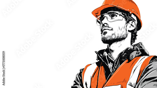 Skilled Construction Worker Wearing Hard Hat and High Visibility Vest on Site