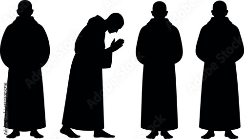 Black silhouette of monks standing praying in robes vector illustration