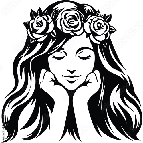 Black silhouette of a pensive woman with long hair and a floral crown