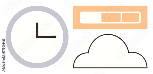 Abstract illustration of a clock, load progress bar, and cloud outline symbolizing time, progress, technology, network, cloud computing, data storage and efficiency. Ideal for modern design digital