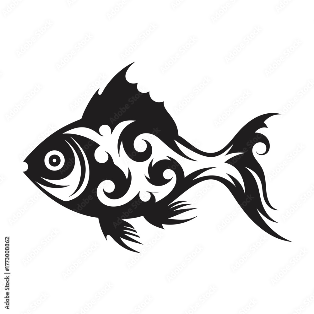Obraz premium Black tribal pattern adorns the sleek silhouette of a fish against a white backdrop