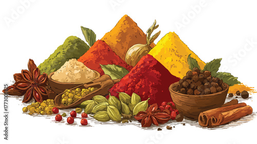 Diverse Range of Spices and Seasonings in Abundance Vector Illustration