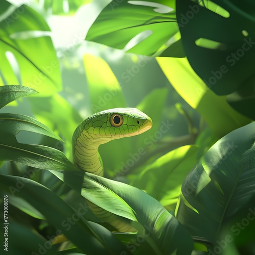 Green Snake Peeking Through Bright Green Jungle Leaves Photo