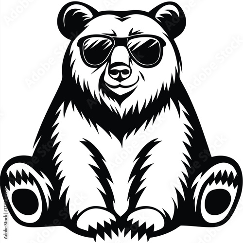 Bold monochrome illustration of a bear sitting and wearing stylish sunglasses for a cool appearance