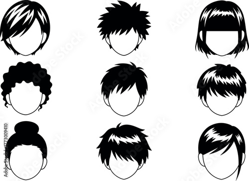 Collection of diverse hairstyles black and white minimalistic design elements